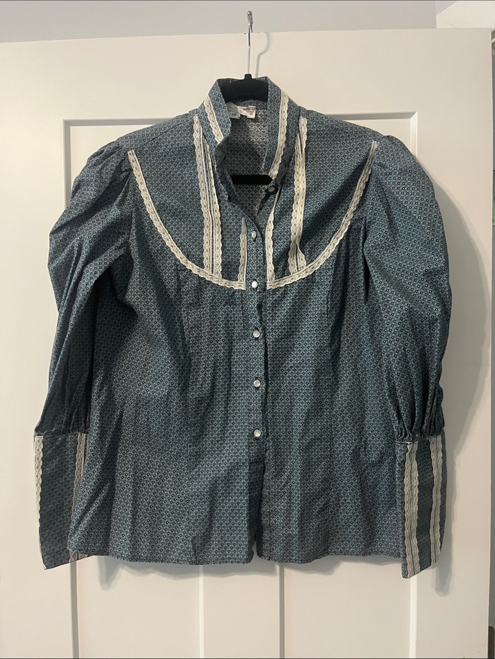 River Junction Trade Co Vintage Inspired Blue & Brown Lace Blouse Sz 14 like new